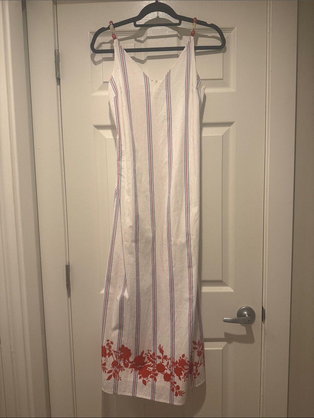 NWT Anna Cate Women's White Striped Maxi Dress with Red Floral Hem